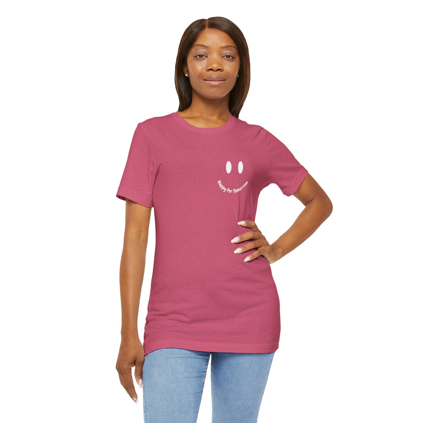 Happy for Tomorrow Smiley Face Raspberry T-Shirt - Stylish design with a smiley face logo to spread positivity and joy wherever you go