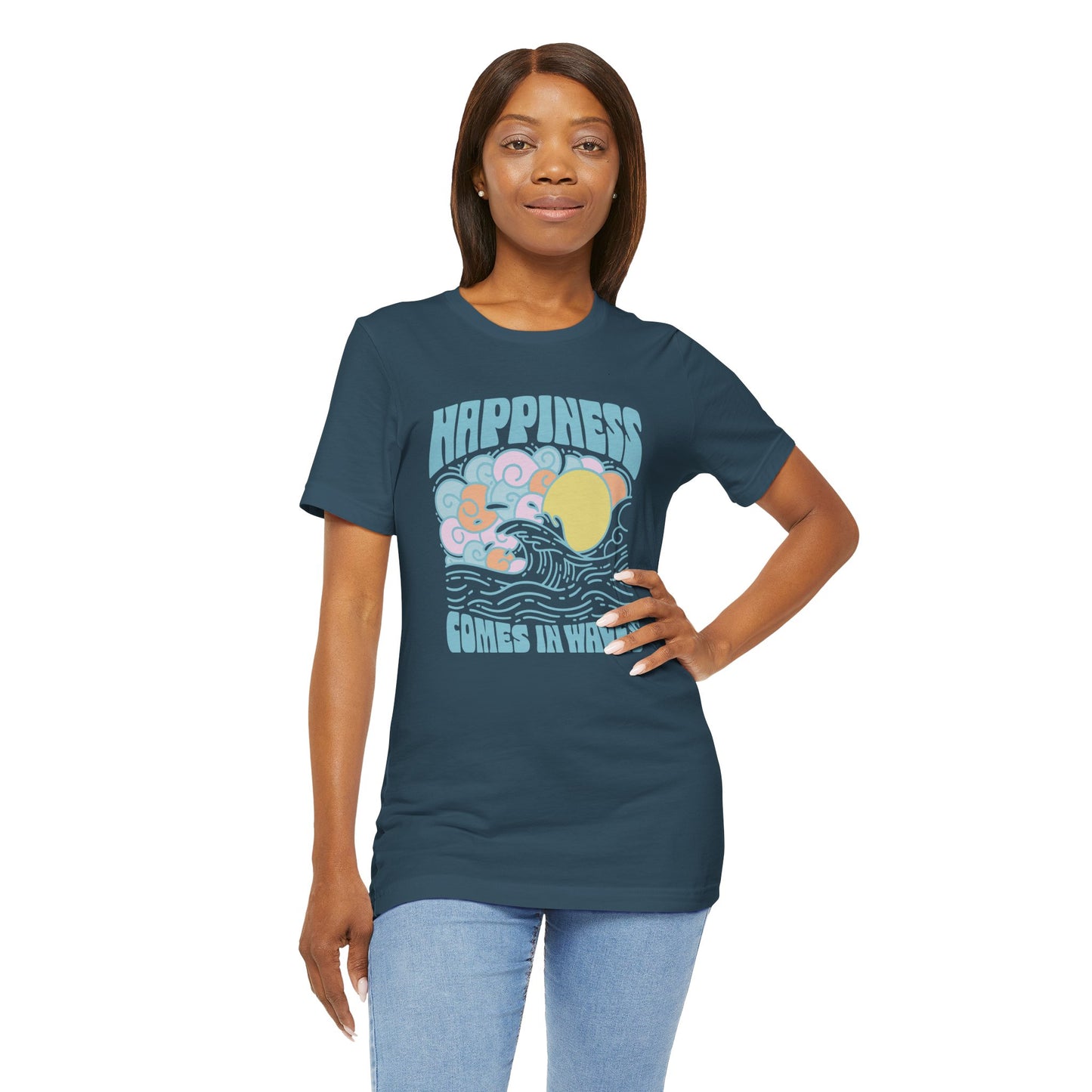 Unisex Beachy Vibes Tee | Happiness Comes in Waves | Summer T-Shirt, Gift for Beach Lovers, Surfing Apparel, Casual Wear, Vacation Top