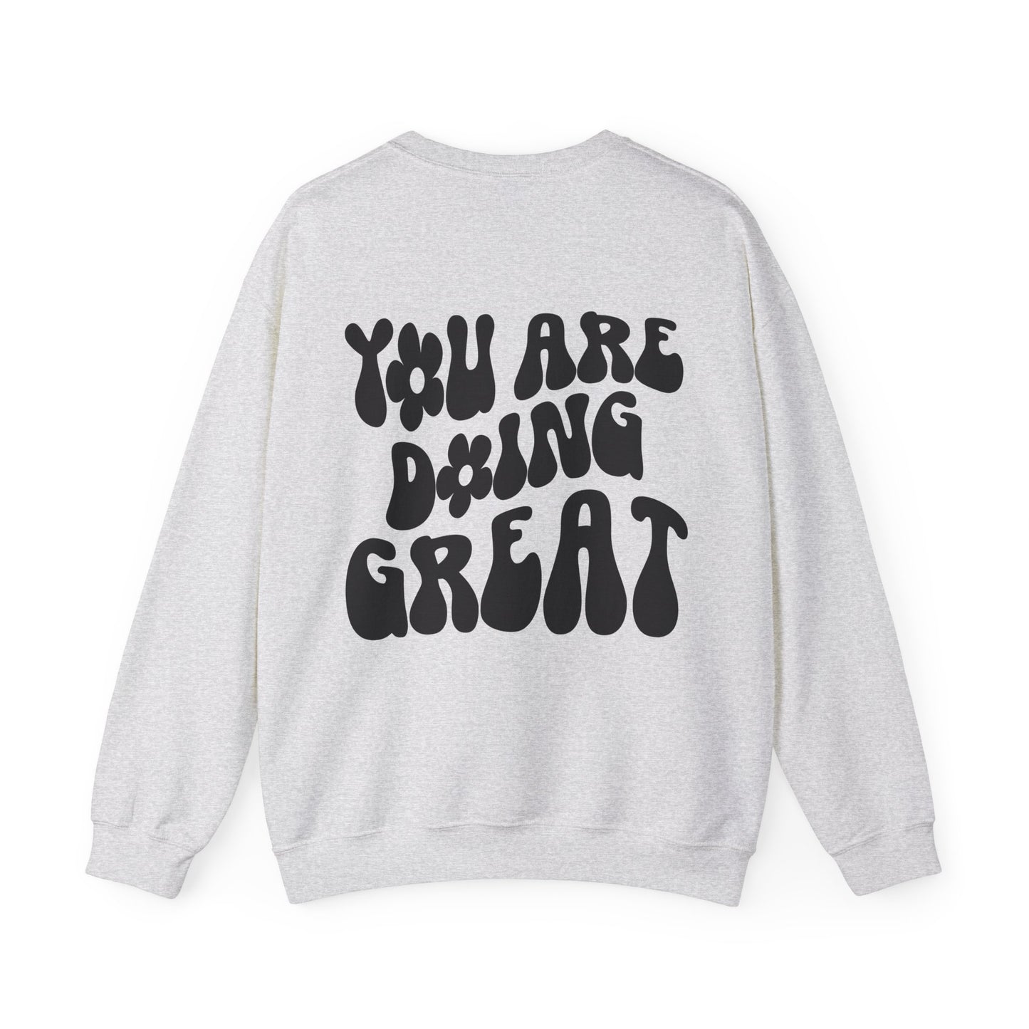 You Are Doing Great Light Gray Crewneck Sweatshirt with Smiley Face and "Happy for Tomorrow," Retro Hippie Design