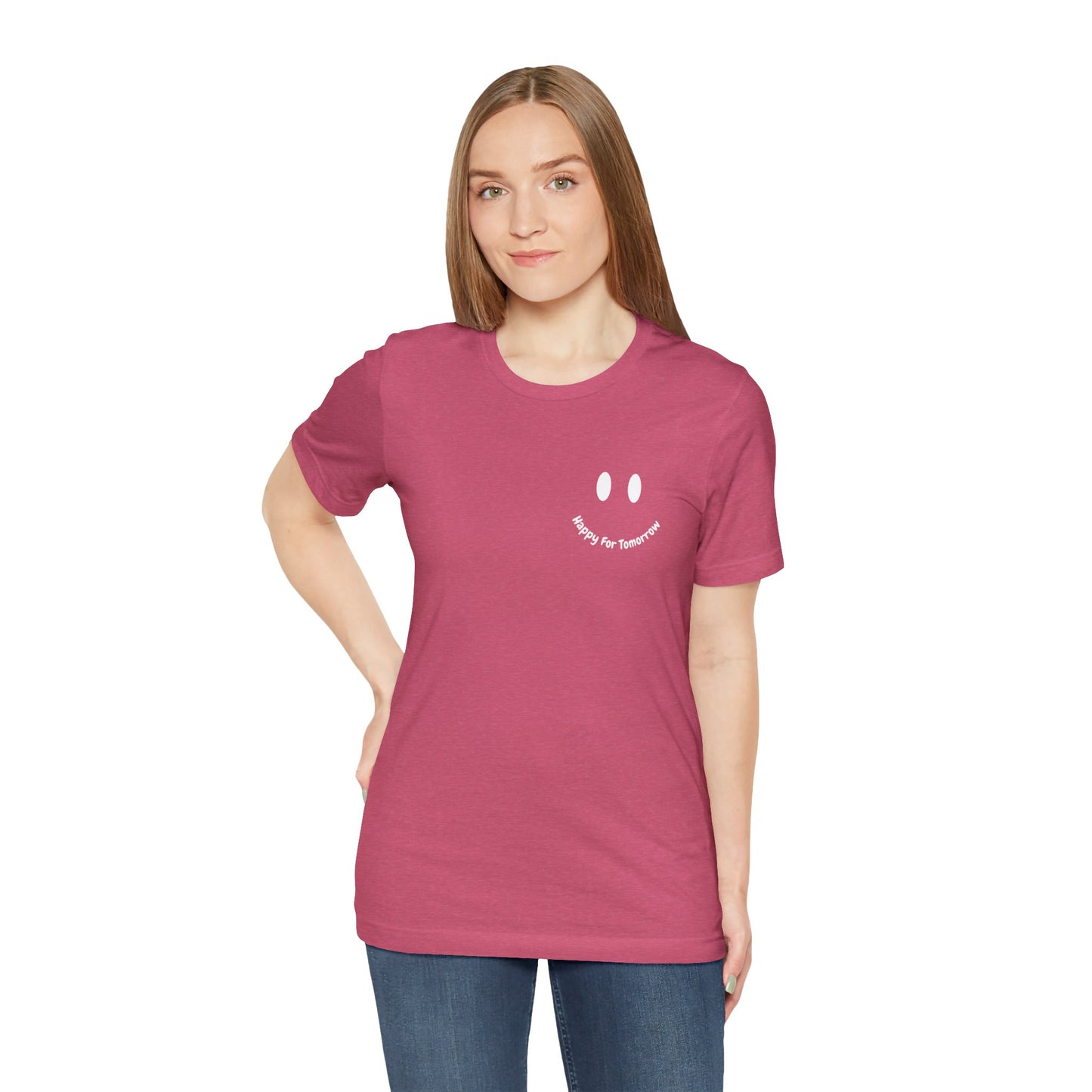 Happy for Tomorrow Smiley Face Raspberry T-Shirt - Stylish design with a smiley face logo to spread positivity and joy wherever you go
