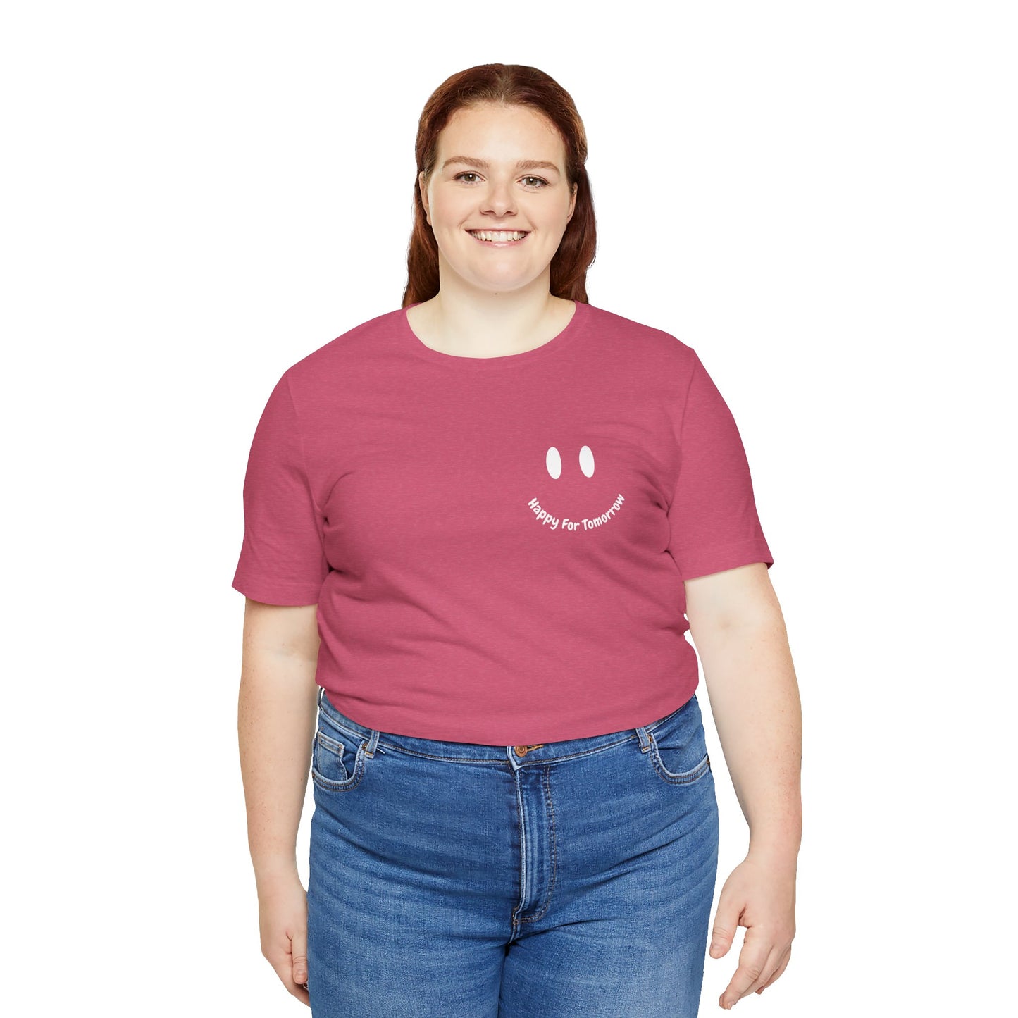 Happy for Tomorrow Smiley Face Raspberry T-Shirt - Stylish design with a smiley face logo to spread positivity and joy wherever you go