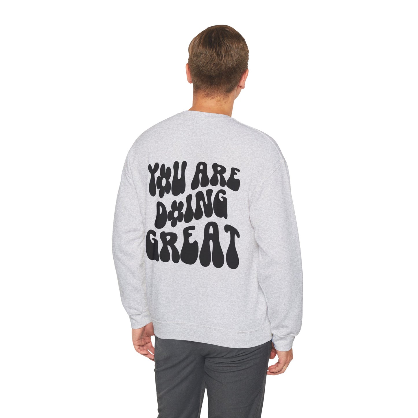 You Are Doing Great Light Gray Crewneck Sweatshirt with Smiley Face and "Happy for Tomorrow," Retro Hippie Design