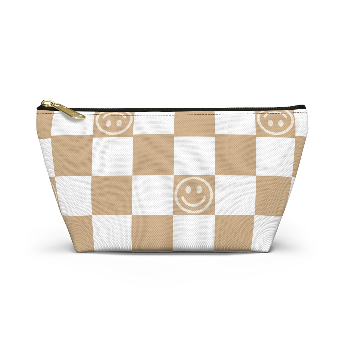 Tan and White Checkered Smiley Face Makeup Bag - Cute and Stylish Cosmetic Pouch with Fun Happy Face Design Perfect for Every Day Use