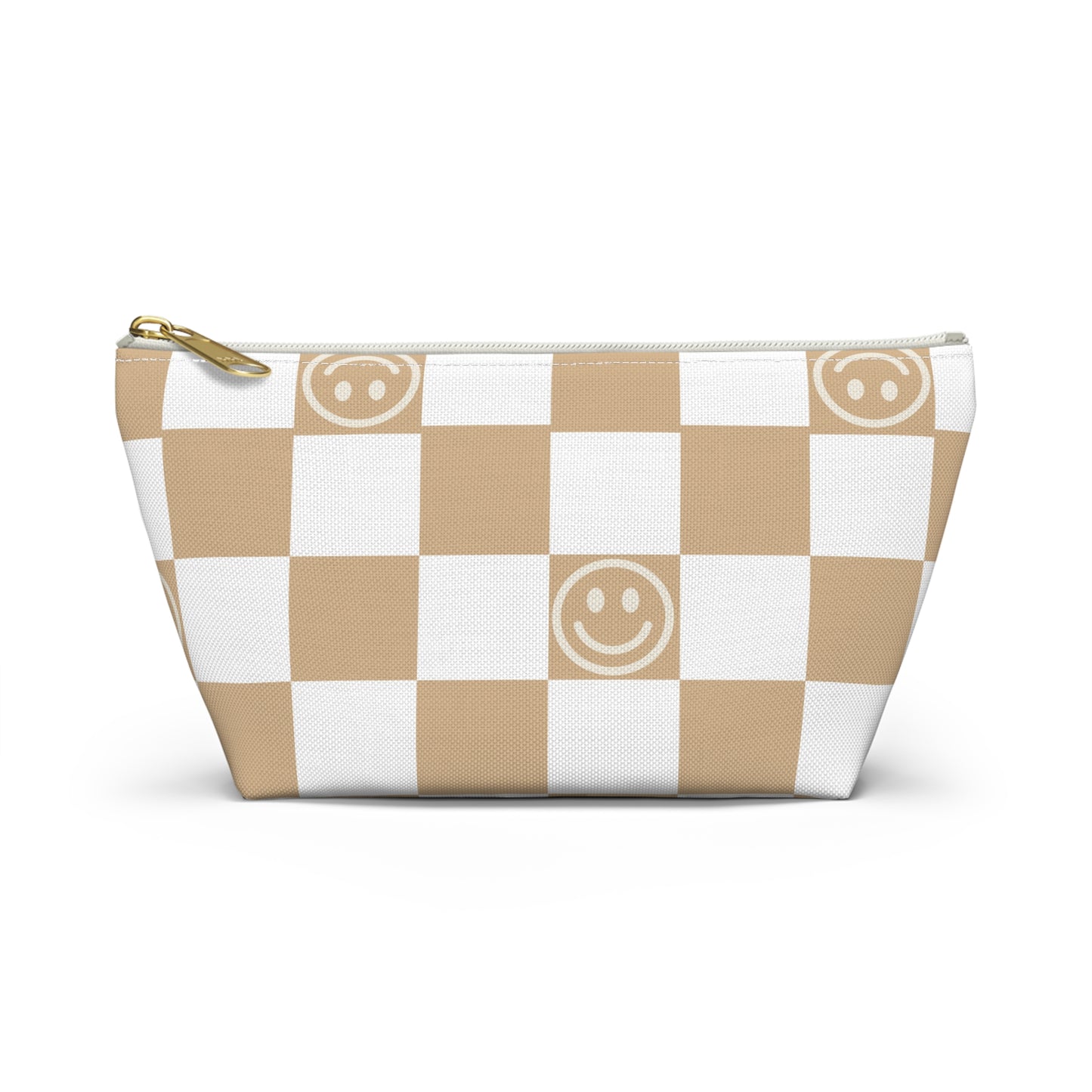 Tan and White Checkered Smiley Face Makeup Bag - Cute and Stylish Cosmetic Pouch with Fun Happy Face Design Perfect for Every Day Use