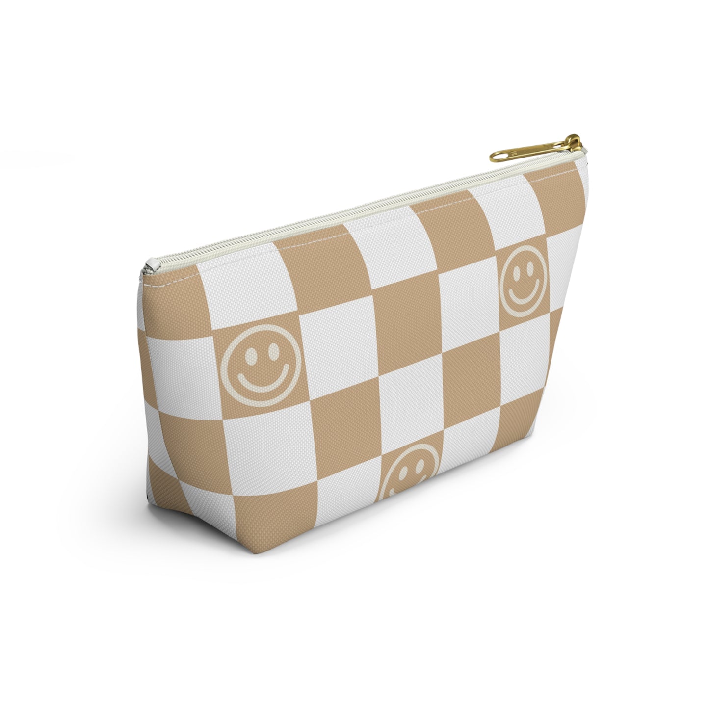 Tan and White Checkered Smiley Face Makeup Bag - Cute and Stylish Cosmetic Pouch with Fun Happy Face Design Perfect for Every Day Use