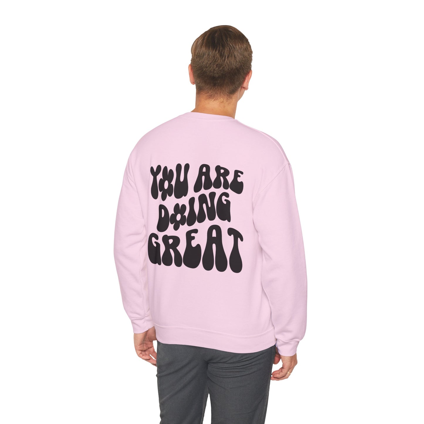 You Are Doing Great Light Pink Crewneck Sweatshirt with Smiley Face and "Happy for Tomorrow," Retro Hippie Design