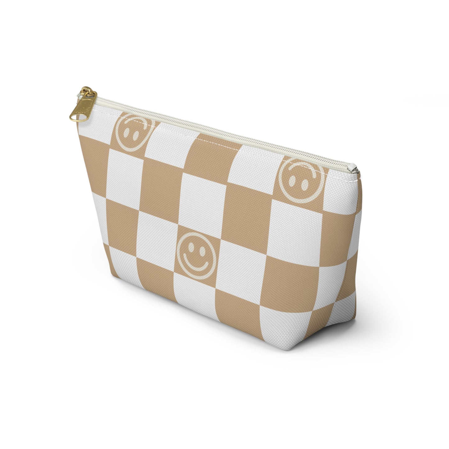 Tan and White Checkered Smiley Face Makeup Bag - Cute and Stylish Cosmetic Pouch with Fun Happy Face Design Perfect for Every Day Use