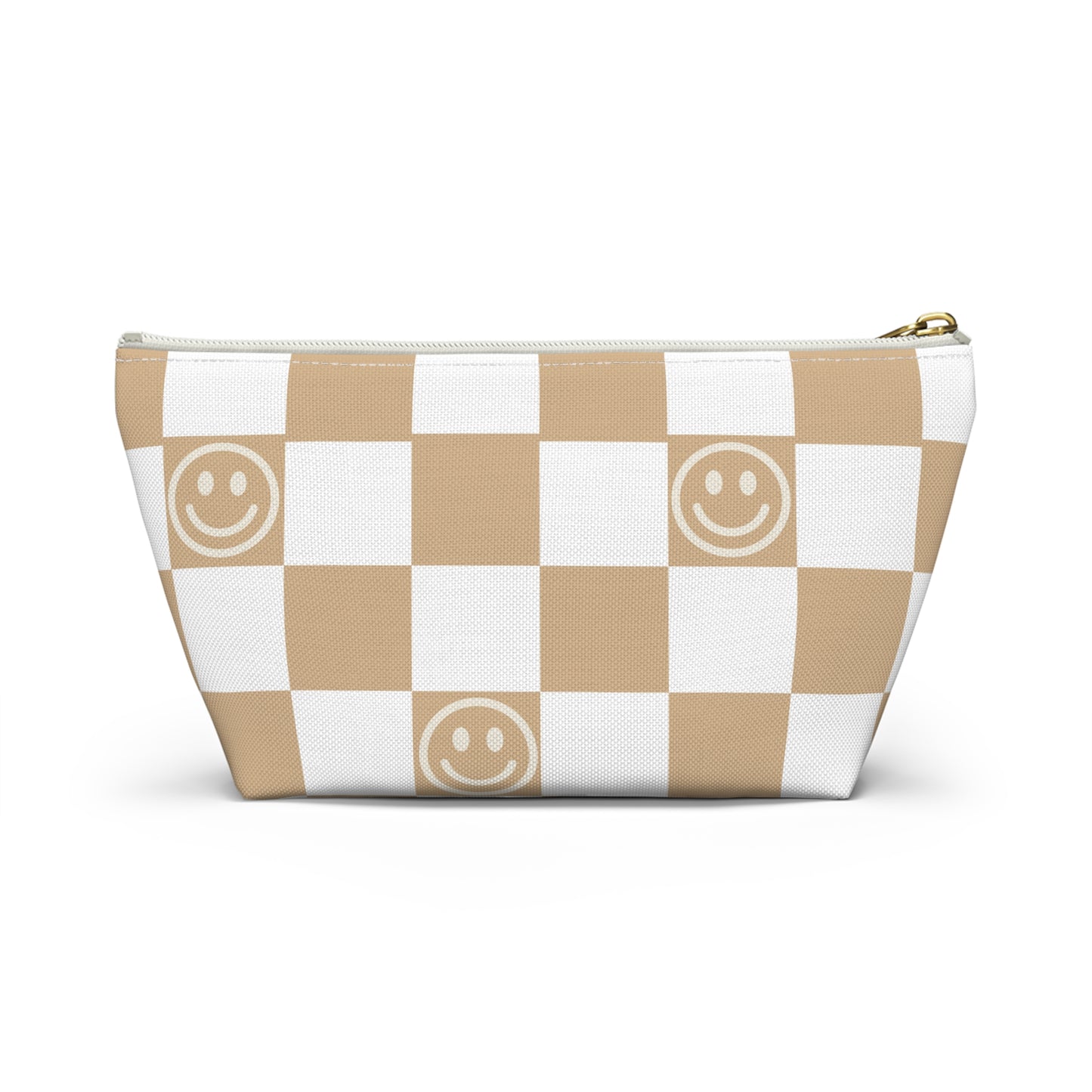 Tan and White Checkered Smiley Face Makeup Bag - Cute and Stylish Cosmetic Pouch with Fun Happy Face Design Perfect for Every Day Use