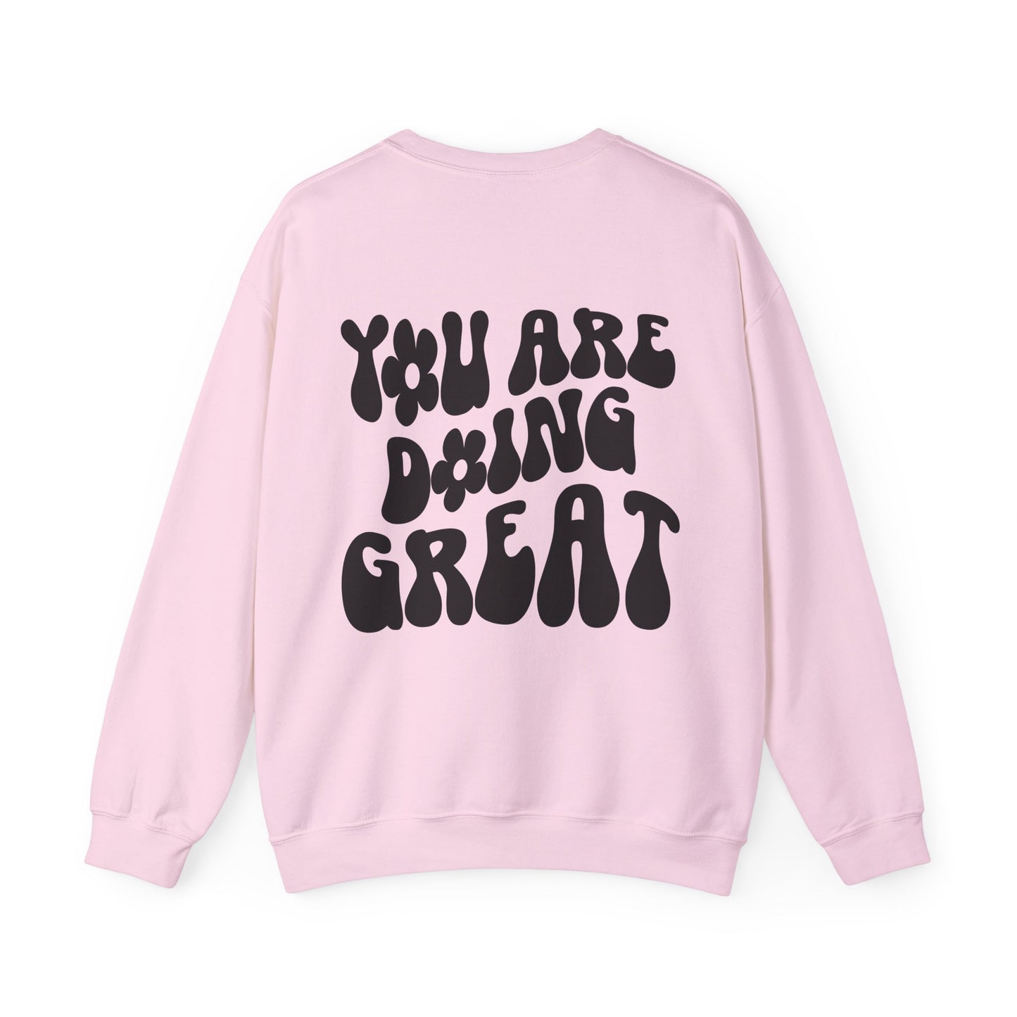 You Are Doing Great Light Pink Crewneck Sweatshirt with Smiley Face and "Happy for Tomorrow," Retro Hippie Design