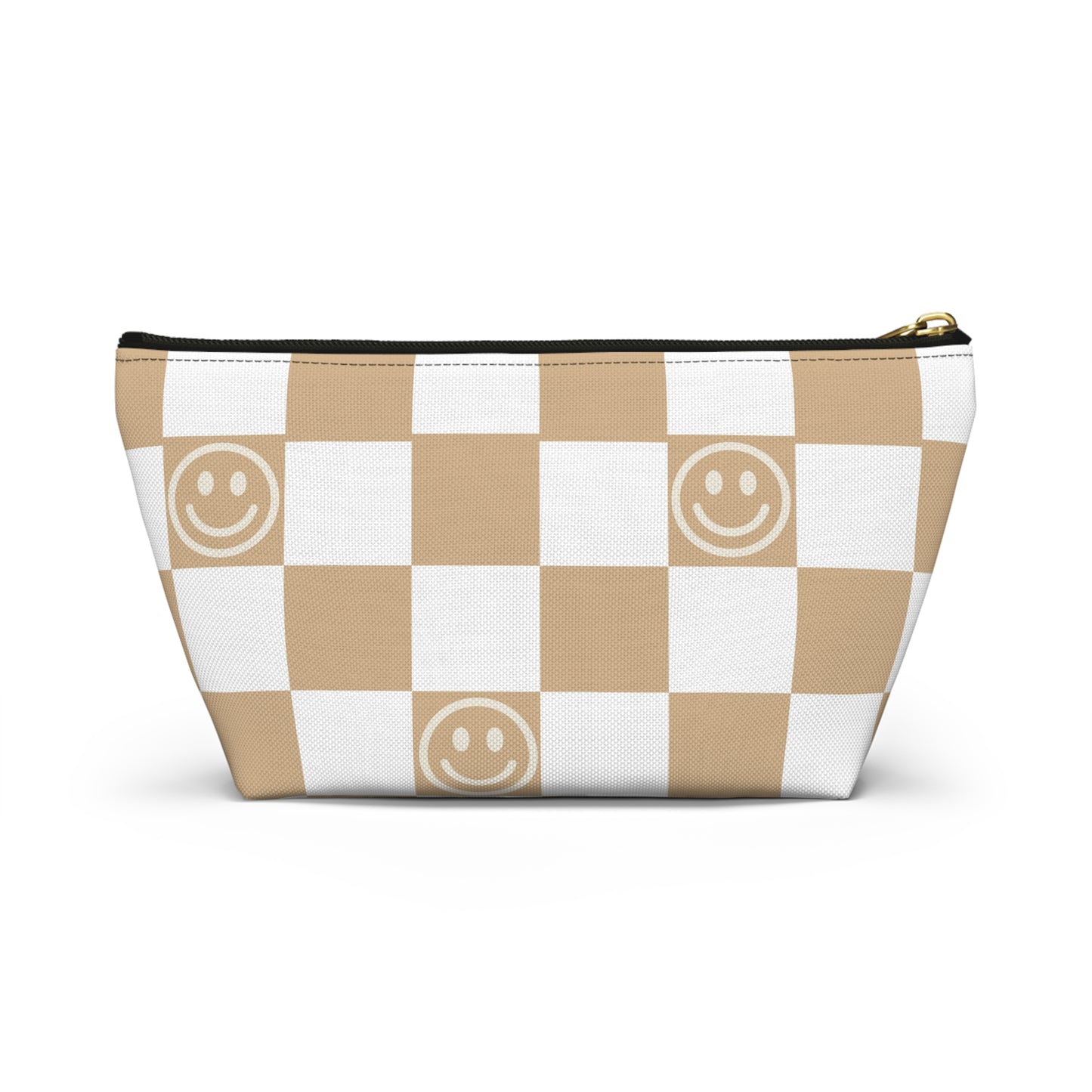 Tan and White Checkered Smiley Face Makeup Bag - Cute and Stylish Cosmetic Pouch with Fun Happy Face Design Perfect for Every Day Use