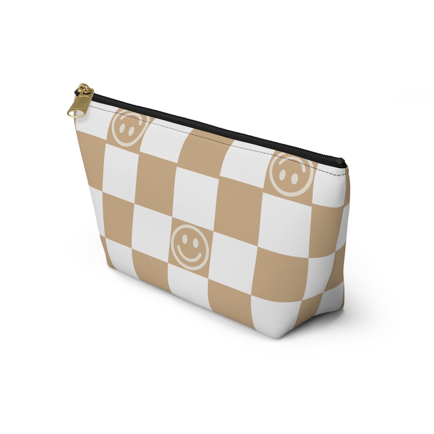 Tan and White Checkered Smiley Face Makeup Bag - Cute and Stylish Cosmetic Pouch with Fun Happy Face Design Perfect for Every Day Use