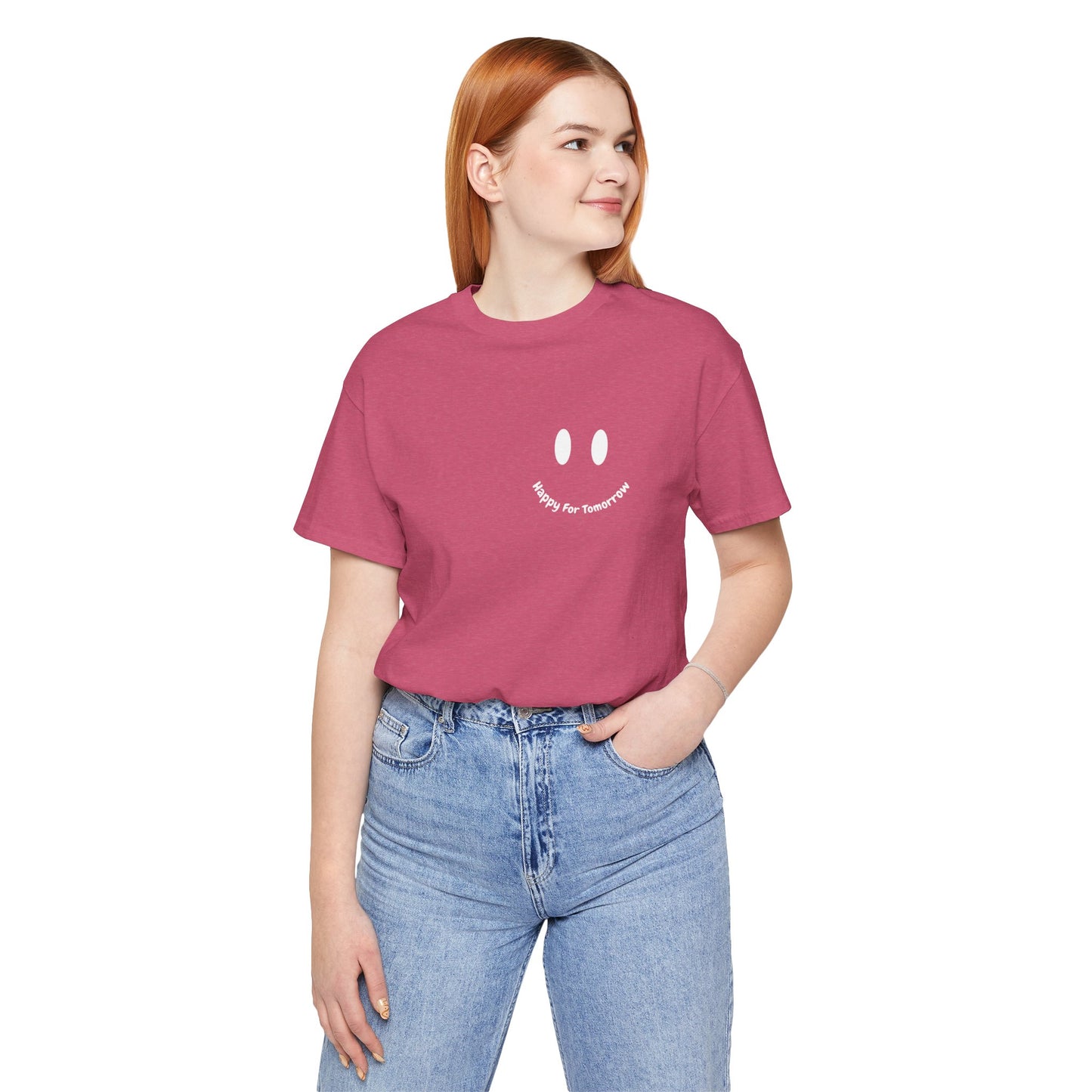 Happy for Tomorrow Smiley Face Raspberry T-Shirt - Stylish design with a smiley face logo to spread positivity and joy wherever you go
