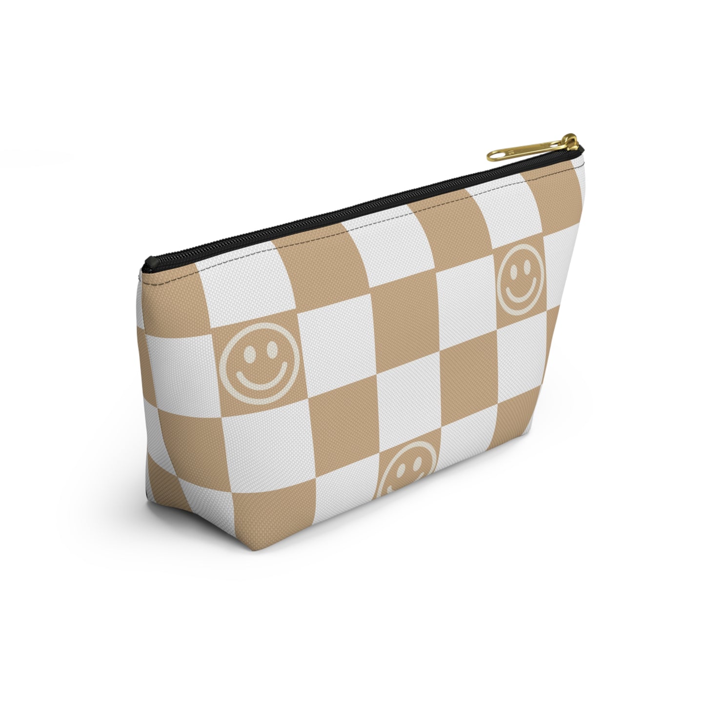 Tan and White Checkered Smiley Face Makeup Bag - Cute and Stylish Cosmetic Pouch with Fun Happy Face Design Perfect for Every Day Use