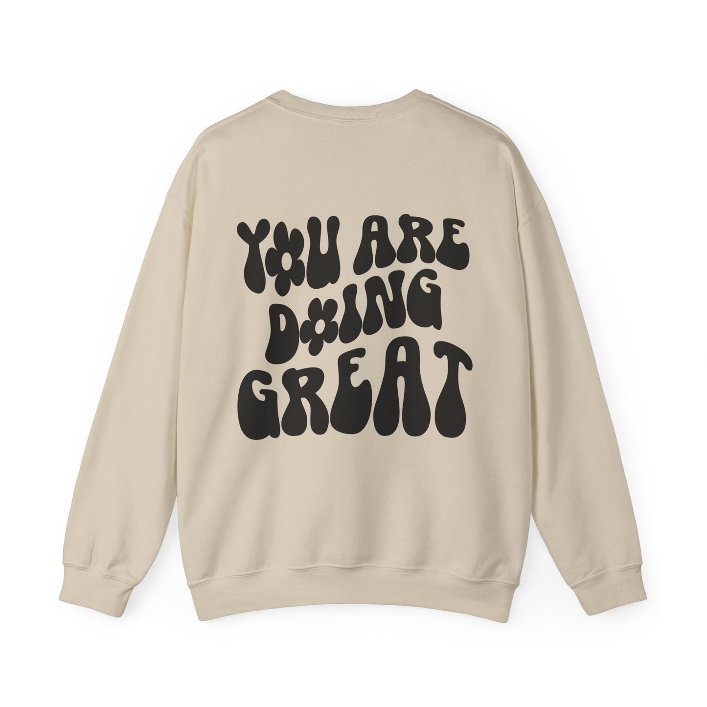 You Are Doing Great Sand Crewneck Sweatshirt with Smiley Face and "Happy for Tomorrow," Retro Hippie Design