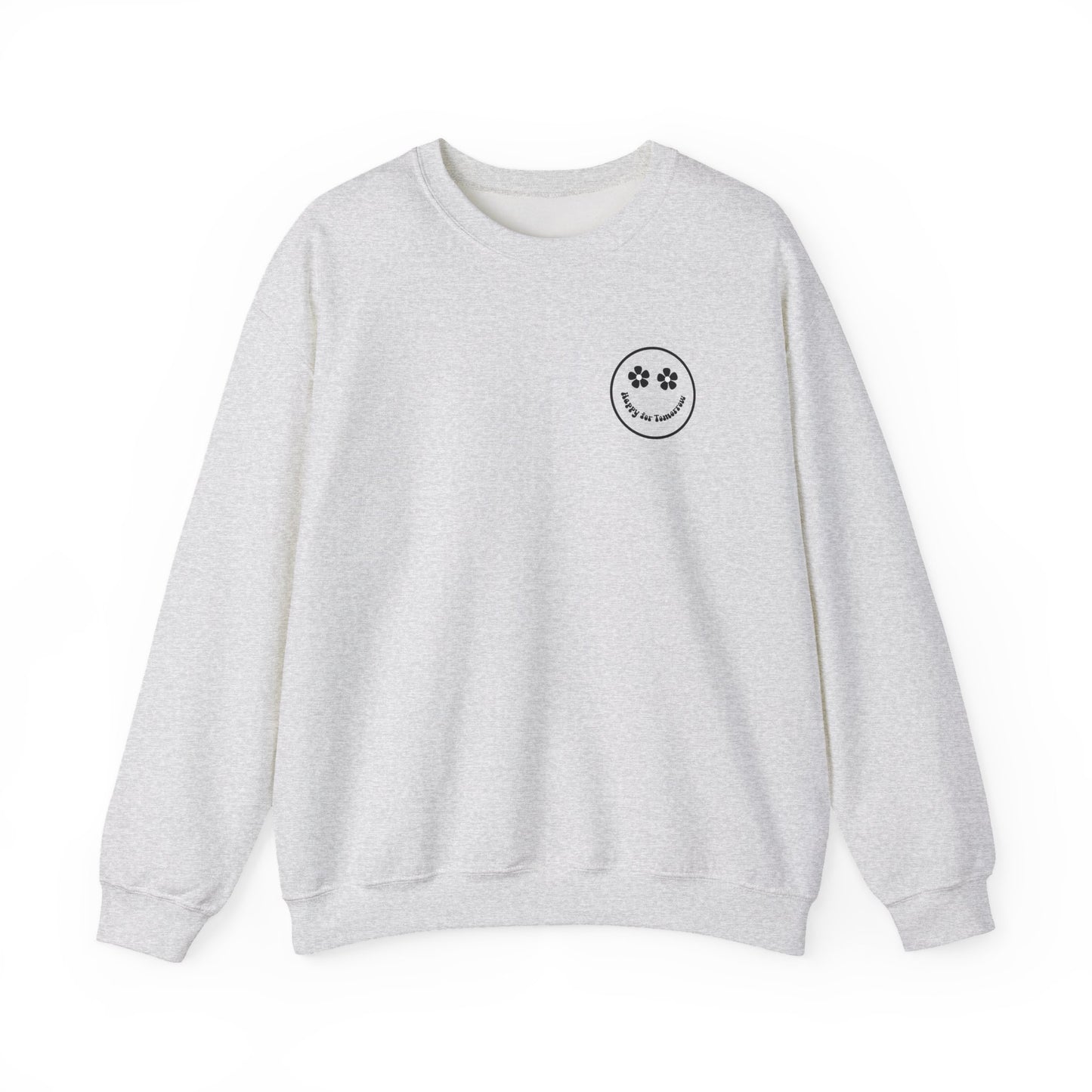 You Are Doing Great Light Gray Crewneck Sweatshirt with Smiley Face and "Happy for Tomorrow," Retro Hippie Design