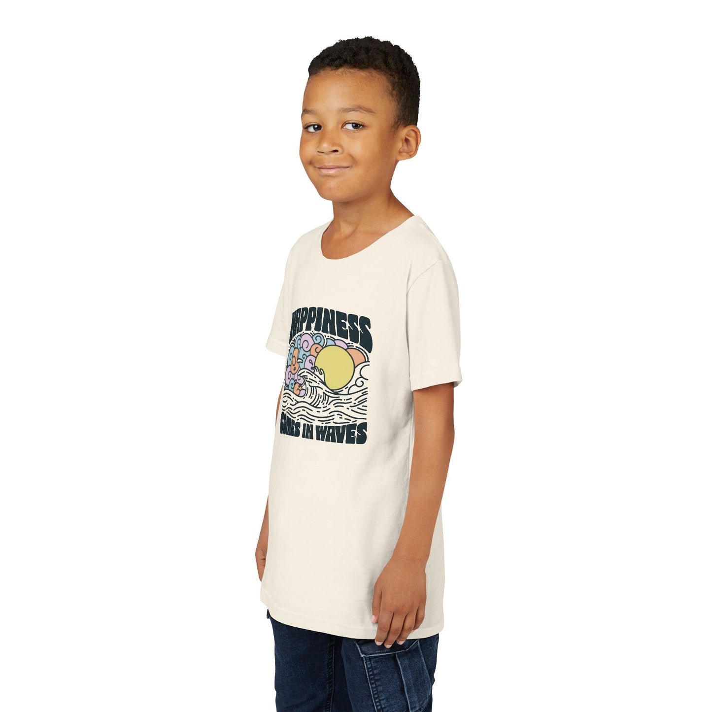 Youth Tee with Inspirational 'Happiness Comes in Waves' Design, Perfect for Summer, Casual Wear, Gift for Kids, Beach Vibes, Positive Quotes