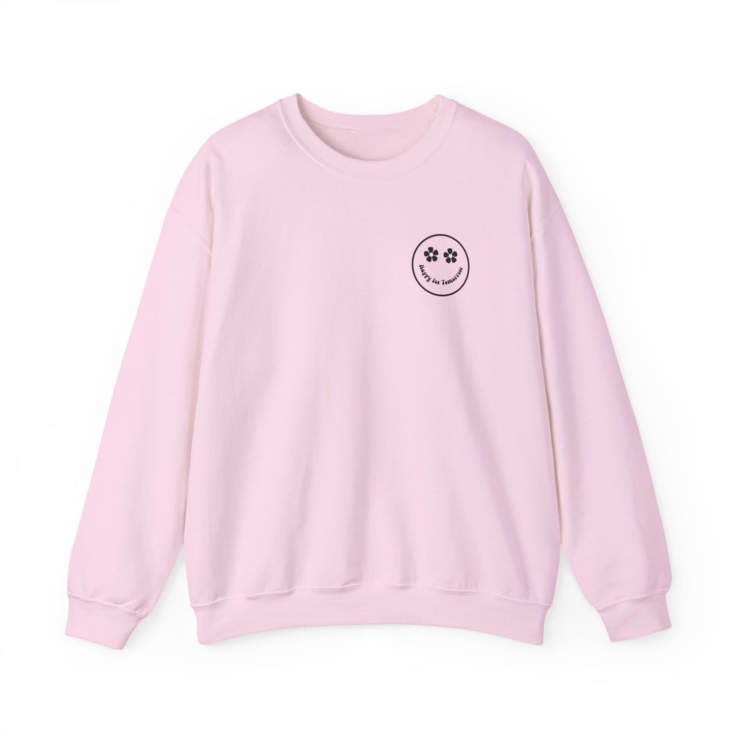 You Are Doing Great Light Pink Crewneck Sweatshirt with Smiley Face and "Happy for Tomorrow," Retro Hippie Design