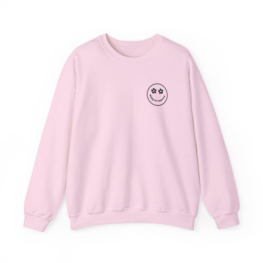 You Are Doing Great Light Pink Crewneck Sweatshirt with Smiley Face and "Happy for Tomorrow," Retro Hippie Design