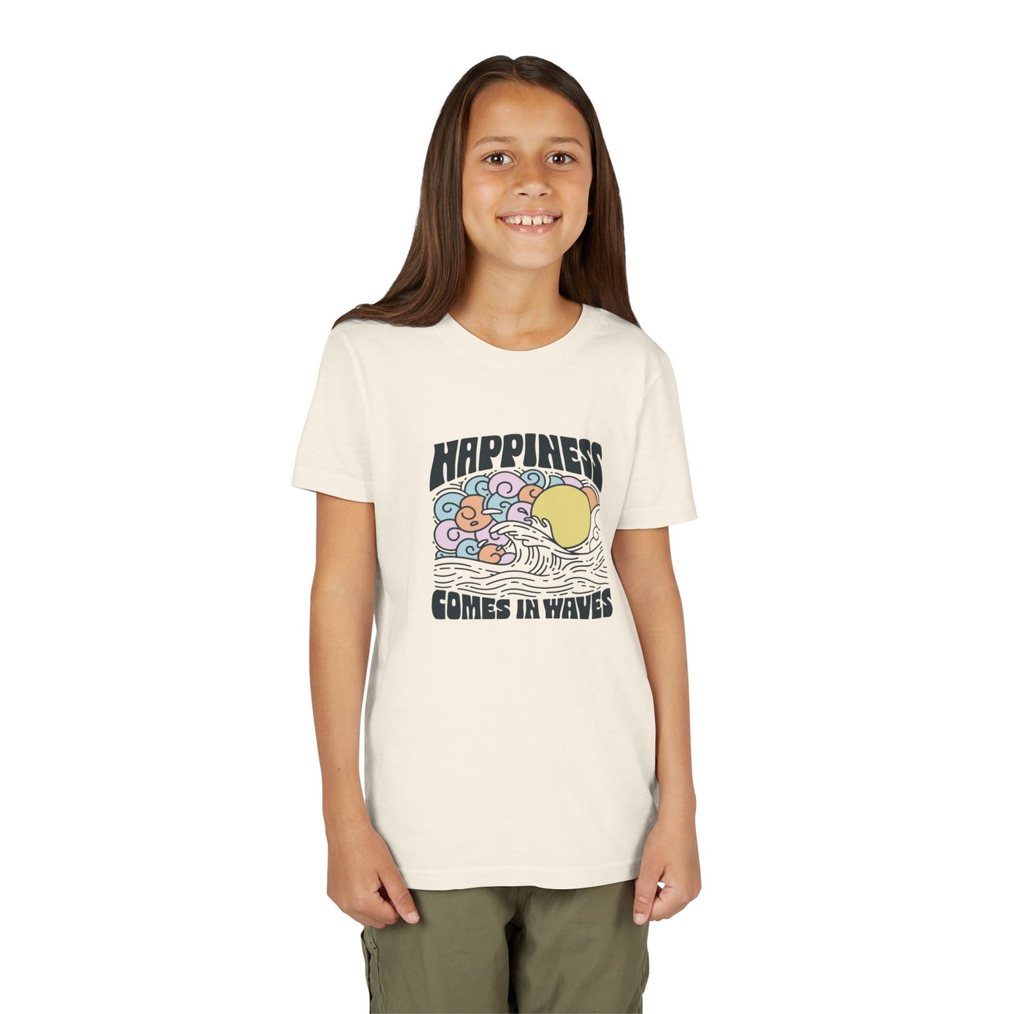 Youth Tee with Inspirational 'Happiness Comes in Waves' Design, Perfect for Summer, Casual Wear, Gift for Kids, Beach Vibes, Positive Quotes