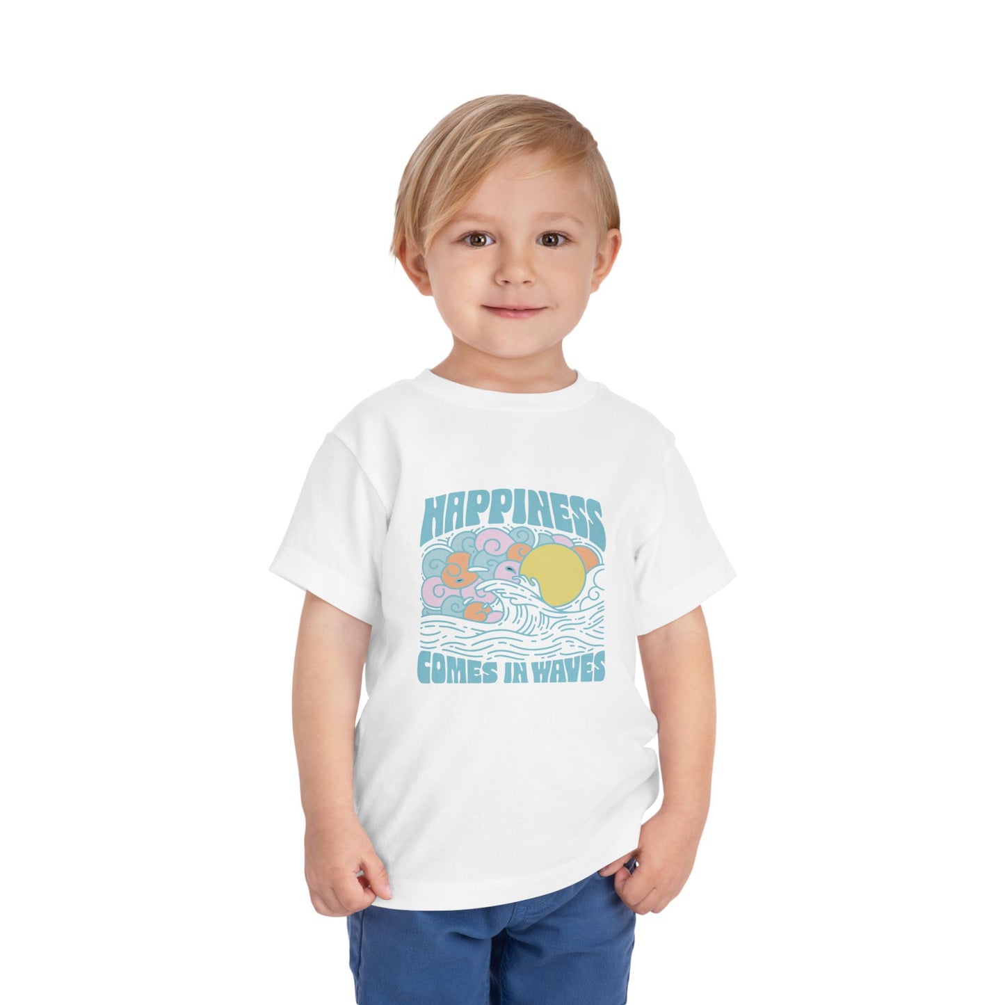 Toddler Short Sleeve Tee - 'Happiness Comes in Waves', Fun Summer T-Shirt, Beach Style Kids Tee, Cute Gift for Toddlers