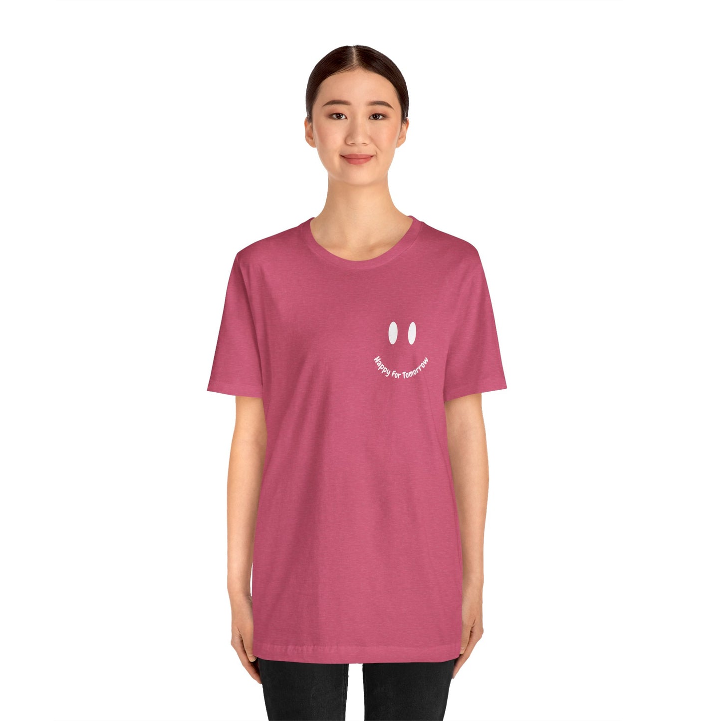 Happy for Tomorrow Smiley Face Raspberry T-Shirt - Stylish design with a smiley face logo to spread positivity and joy wherever you go