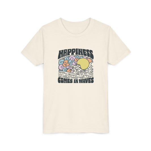 Youth Tee with Inspirational 'Happiness Comes in Waves' Design, Perfect for Summer, Casual Wear, Gift for Kids, Beach Vibes, Positive Quotes
