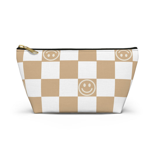 Tan and White Checkered Smiley Face Makeup Bag - Cute and Stylish Cosmetic Pouch with Fun Happy Face Design Perfect for Every Day Use