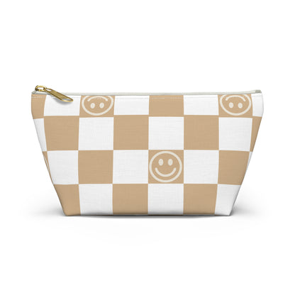 Tan and White Checkered Smiley Face Makeup Bag - Cute and Stylish Cosmetic Pouch with Fun Happy Face Design Perfect for Every Day Use