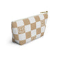 Tan and White Checkered Smiley Face Makeup Bag - Cute and Stylish Cosmetic Pouch with Fun Happy Face Design Perfect for Every Day Use