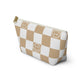 Tan and White Checkered Smiley Face Makeup Bag - Cute and Stylish Cosmetic Pouch with Fun Happy Face Design Perfect for Every Day Use