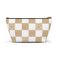 Tan and White Checkered Smiley Face Makeup Bag - Cute and Stylish Cosmetic Pouch with Fun Happy Face Design Perfect for Every Day Use