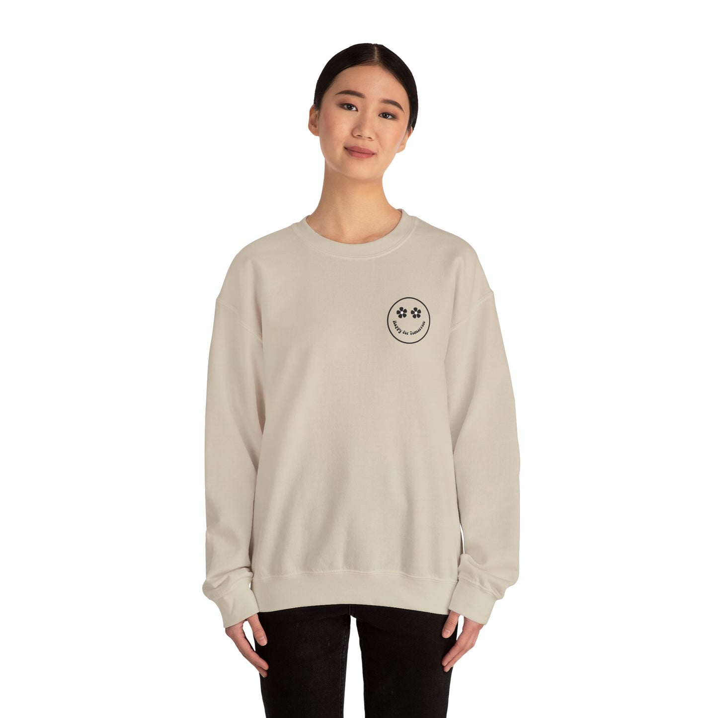 You Are Doing Great Sand Crewneck Sweatshirt with Smiley Face and "Happy for Tomorrow," Retro Hippie Design