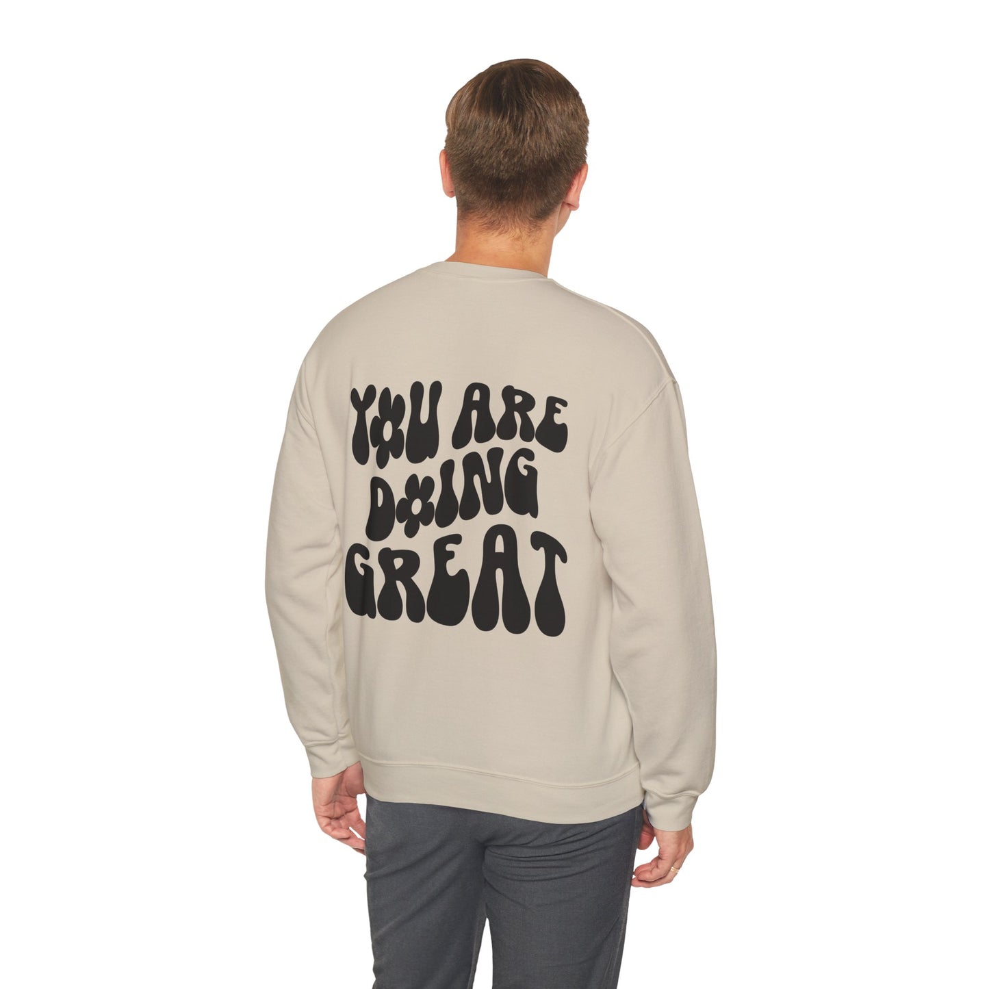 You Are Doing Great Sand Crewneck Sweatshirt with Smiley Face and "Happy for Tomorrow," Retro Hippie Design