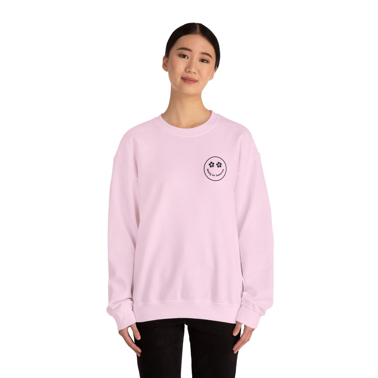 You Are Doing Great Light Pink Crewneck Sweatshirt with Smiley Face and "Happy for Tomorrow," Retro Hippie Design
