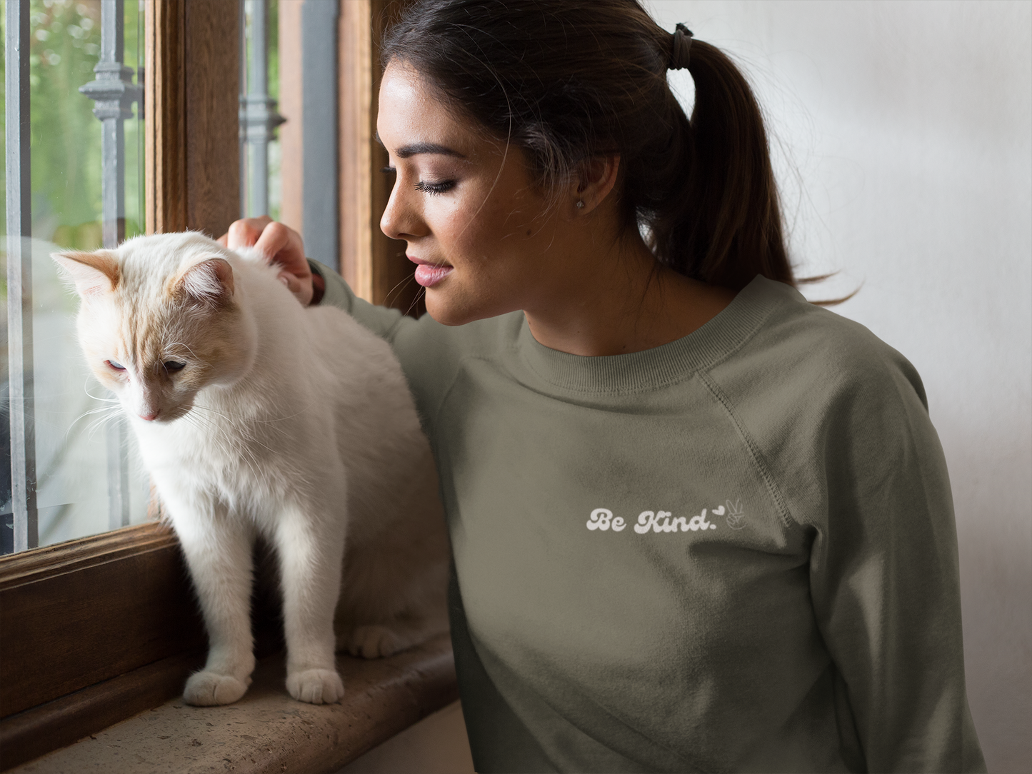 Be Kind Crew New Sweatshirt White on Army Green
